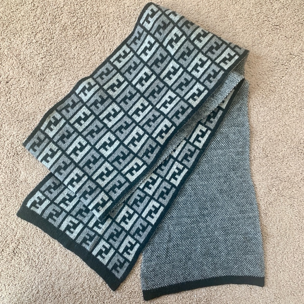 Authentic Fendi unisex double sided double layer monogram wool cashmere scarf
